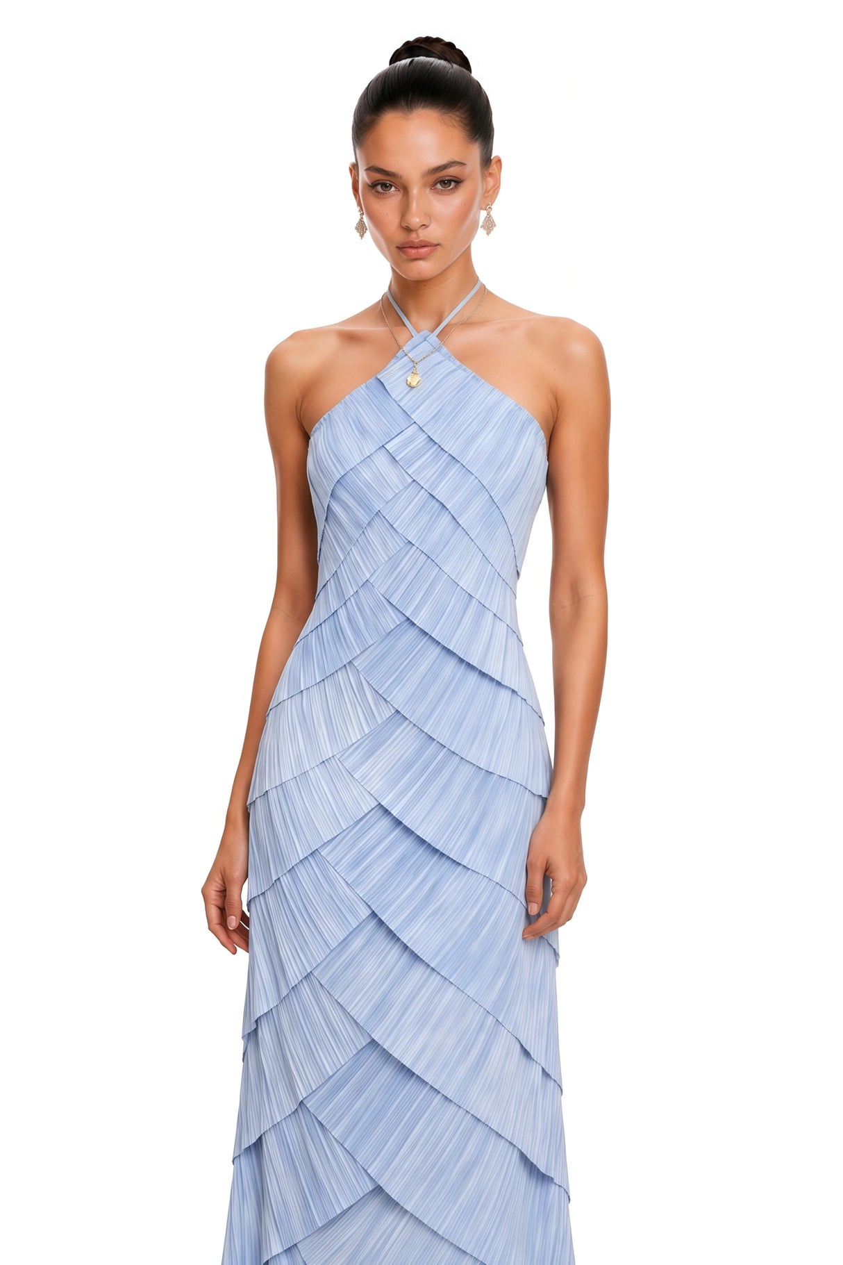 Mara Blue Halterneck Pleated Maxi Dress