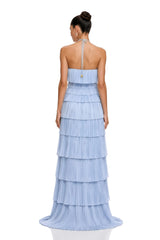 Mara Blue Halterneck Pleated Maxi Dress