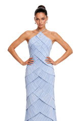 Mara Blue Halterneck Pleated Maxi Dress