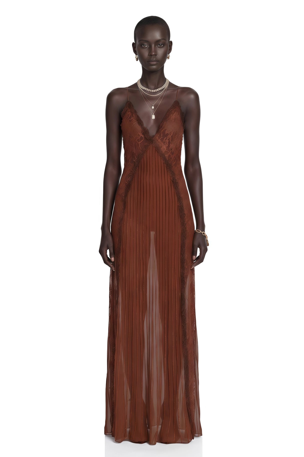 Marceline Chocolate Brown Ruffled Lace Maxi Dress