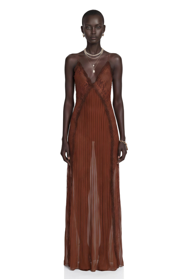 Marceline Chocolate Brown Ruffled Lace Maxi Dress