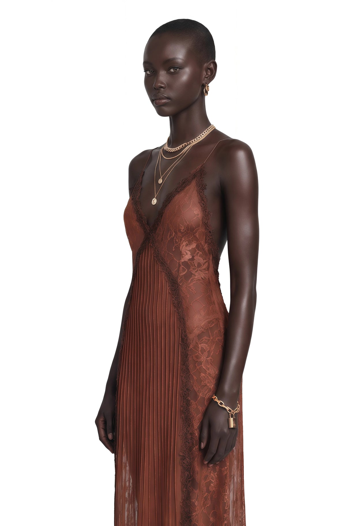 Marceline Chocolate Brown Ruffled Lace Maxi Dress