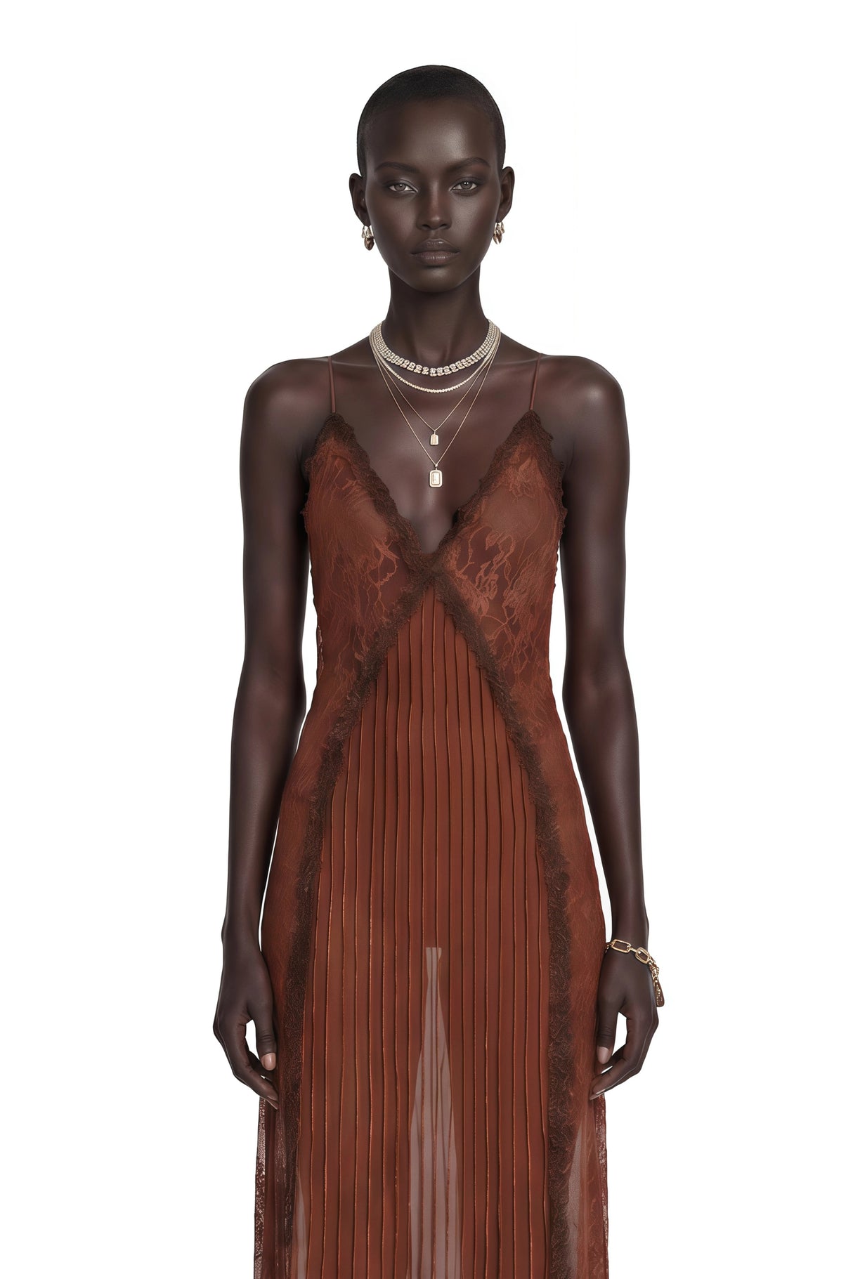 Marceline Chocolate Brown Ruffled Lace Maxi Dress