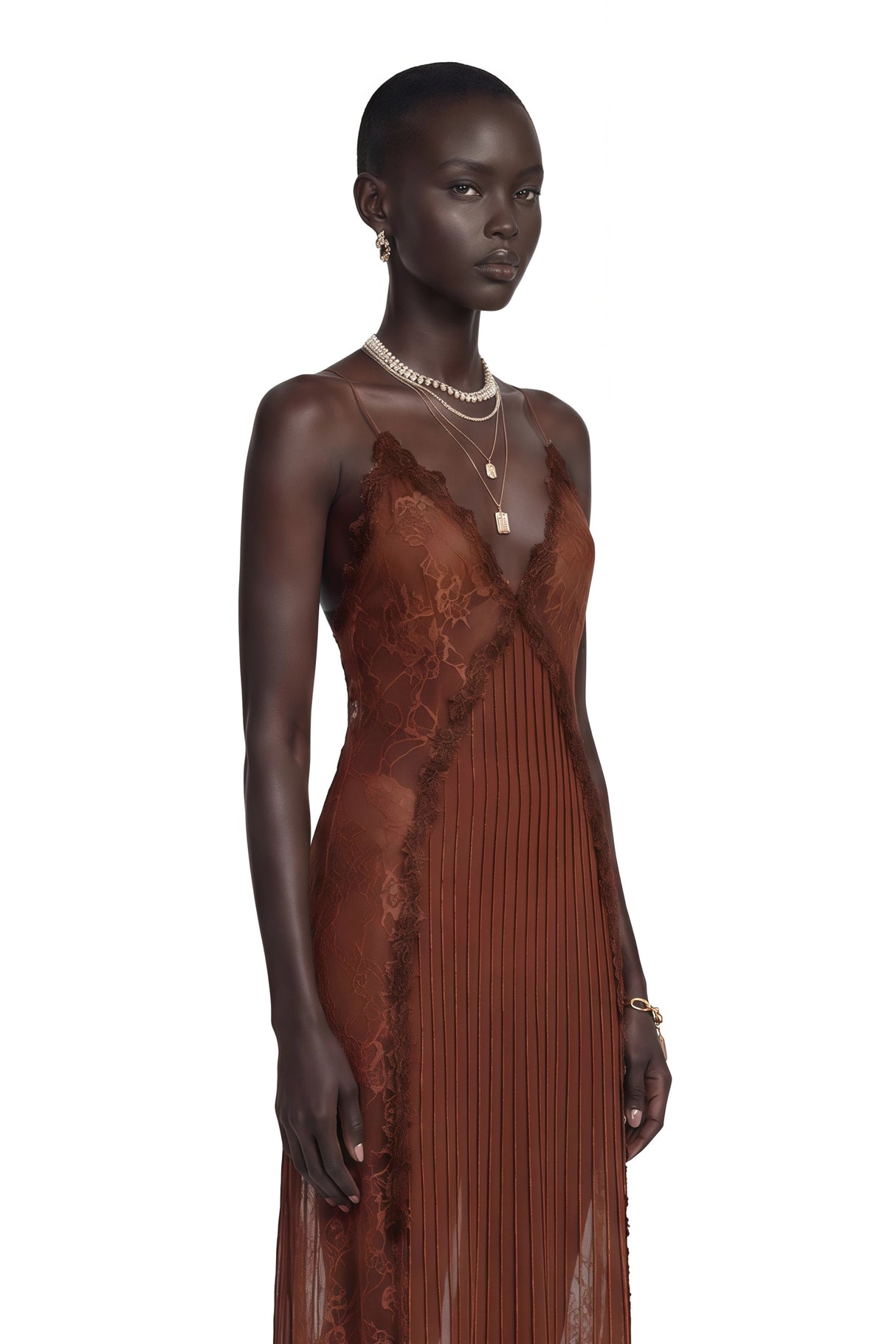 Marceline Chocolate Brown Ruffled Lace Maxi Dress