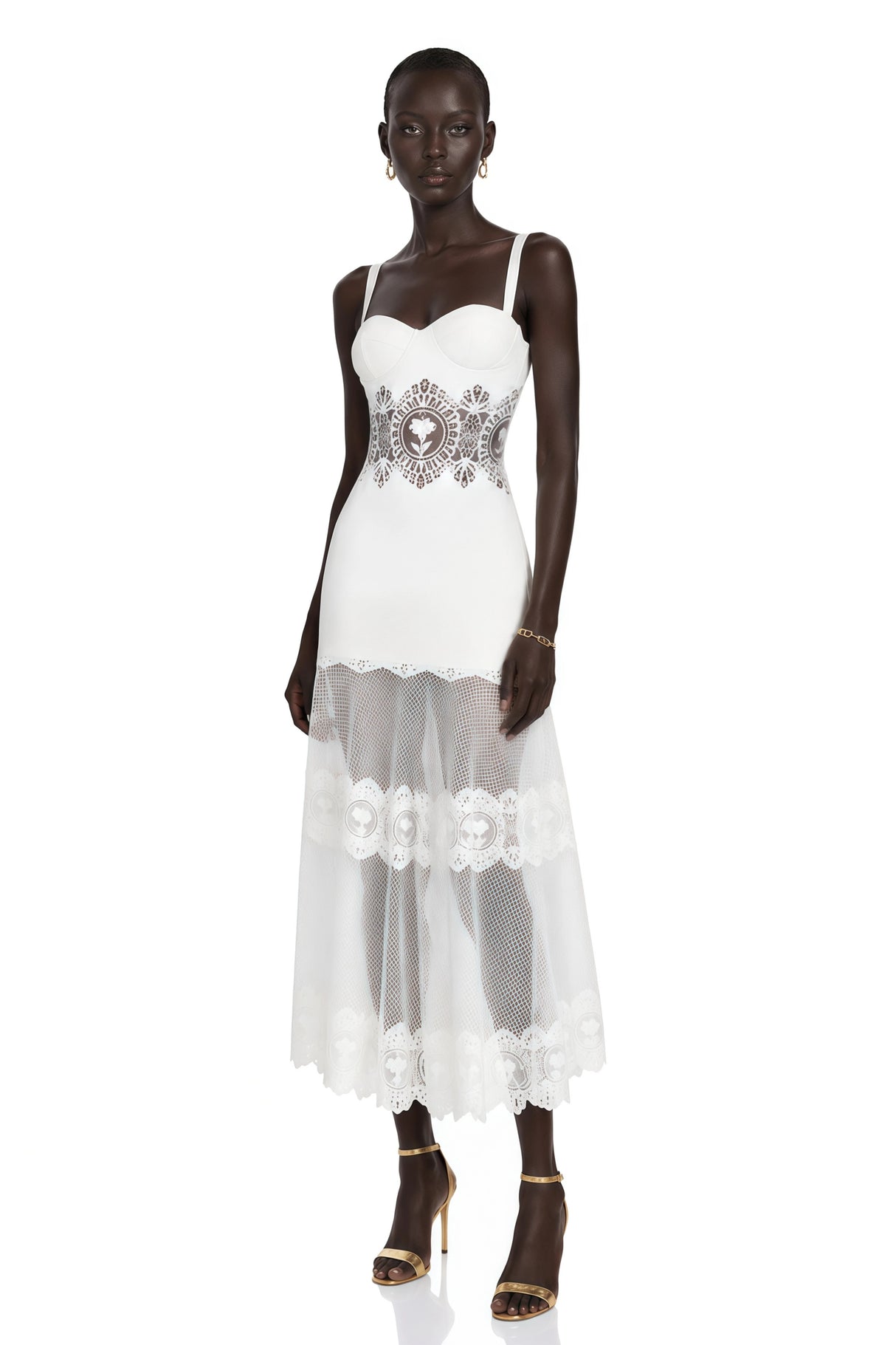 Marceline White Lace Corset Midi Dress
