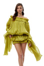 Marcia Green Off Shoulder Shirred Glossy Mini Dress