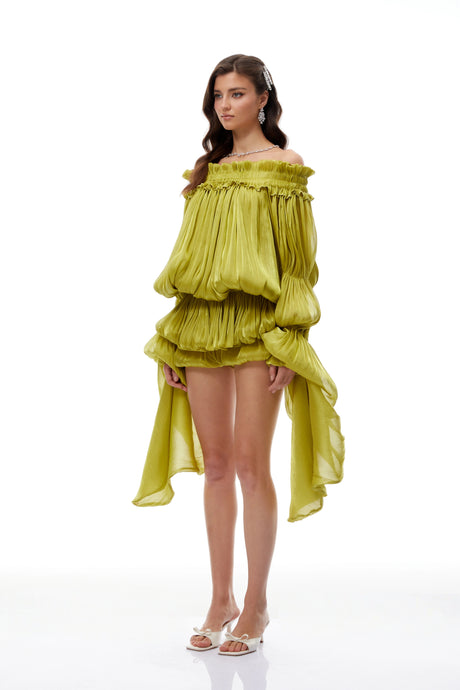 Lavinia Mini Dress Green Off Shoulder Shirred Glossy