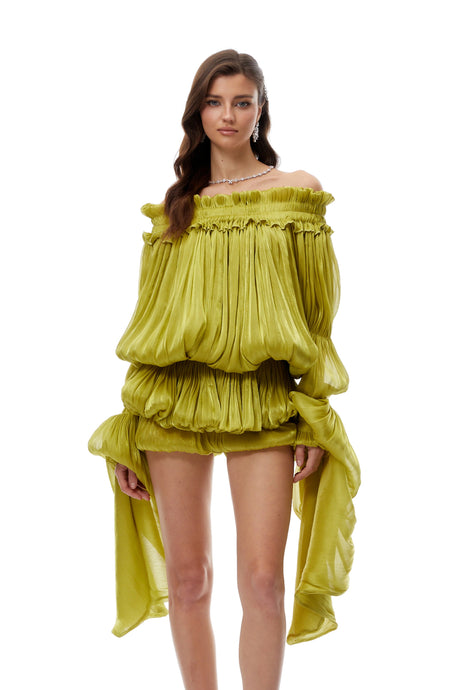 Lavinia Mini Dress Green Off Shoulder Shirred Glossy