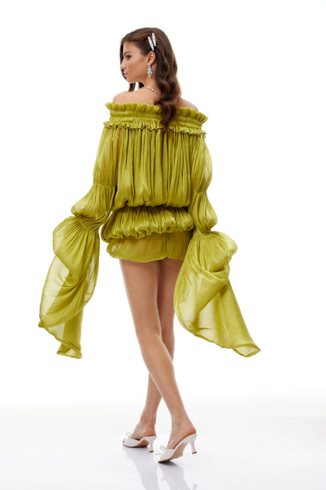 Lavinia Mini Dress Green Off Shoulder Shirred Glossy