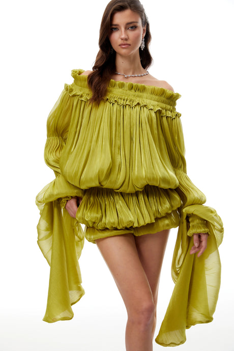 Lavinia Mini Dress Green Off Shoulder Shirred Glossy