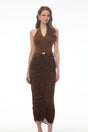 Mareikura Chocolate Brown Halterneck Ruched Midi Dress
