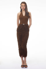Mareikura Chocolate Brown Halterneck Ruched Midi Dress