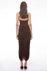 Mareikura Chocolate Brown Halterneck Ruched Midi Dress