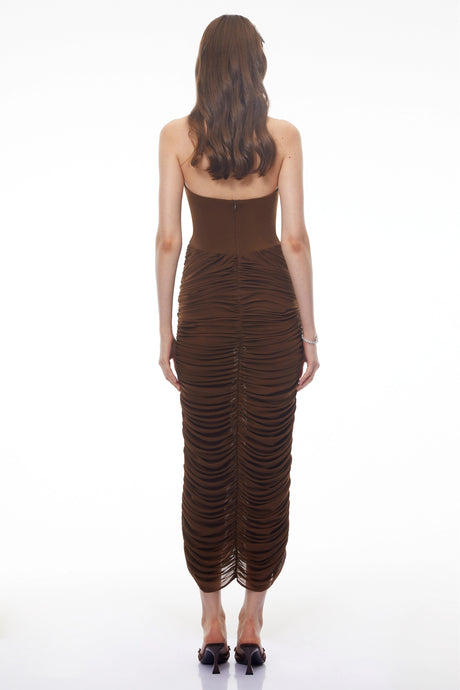 Adalyn Midi Dress Chocolate Brown Halterneck Ruched