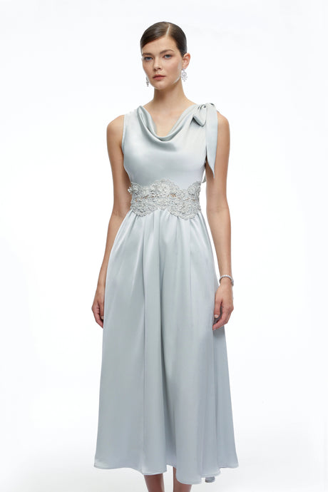 Rylee Midi Dress Blue Cowl Neck Satin