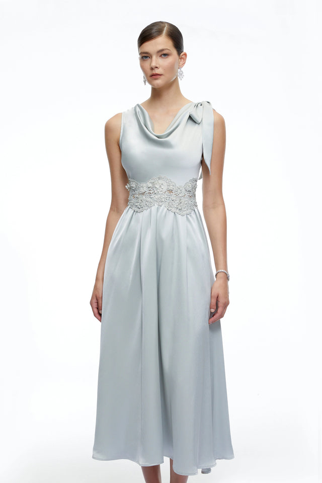 Maren Blue Cowl Neck Satin Midi Dress