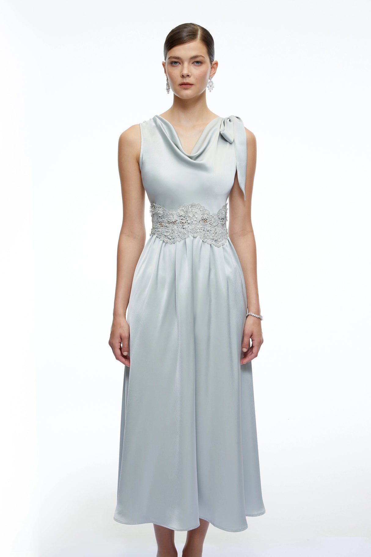 Maren Blue Cowl Neck Satin Midi Dress
