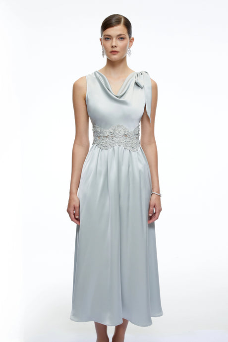 Rylee Midi Dress Blue Cowl Neck Satin