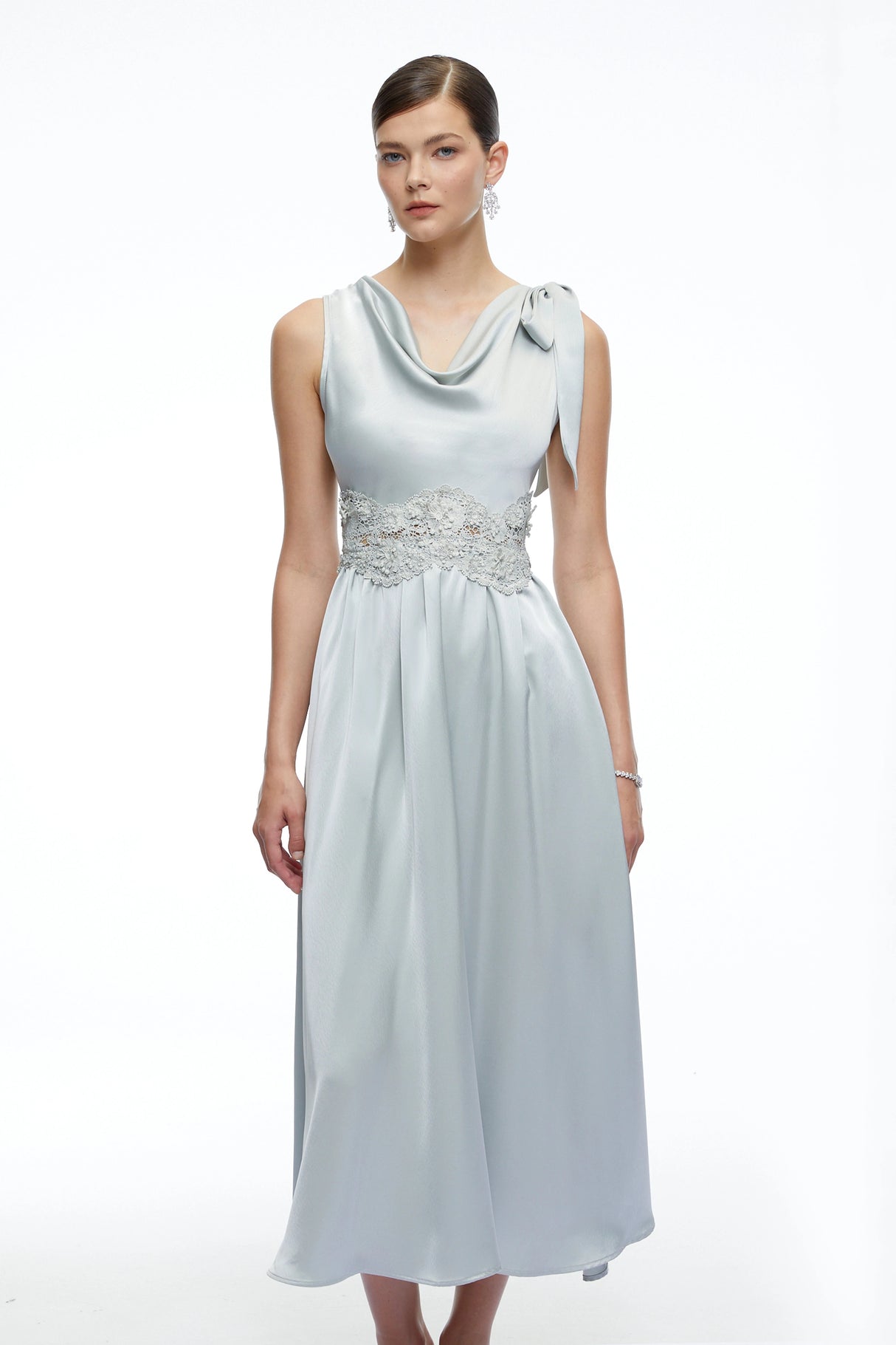 Maren Blue Cowl Neck Satin Midi Dress
