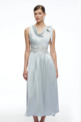 Maren Blue Cowl Neck Satin Midi Dress