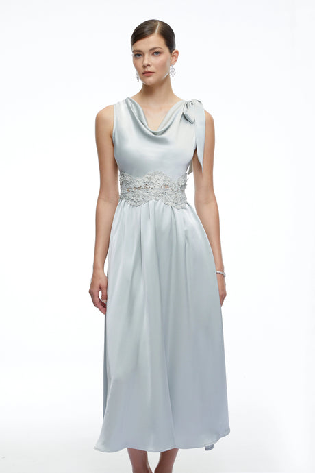 Rylee Midi Dress Blue Cowl Neck Satin