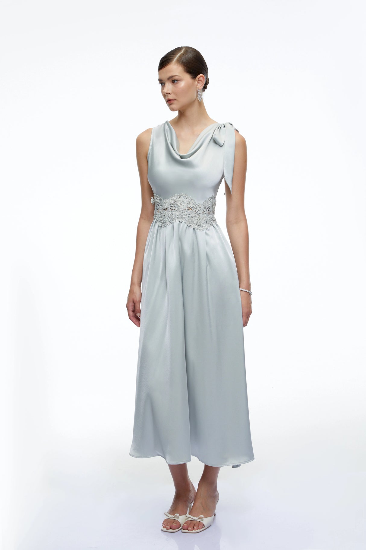 Maren Blue Cowl Neck Satin Midi Dress
