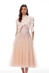 Margaret Light Pink Floral Crochet Midi Dress