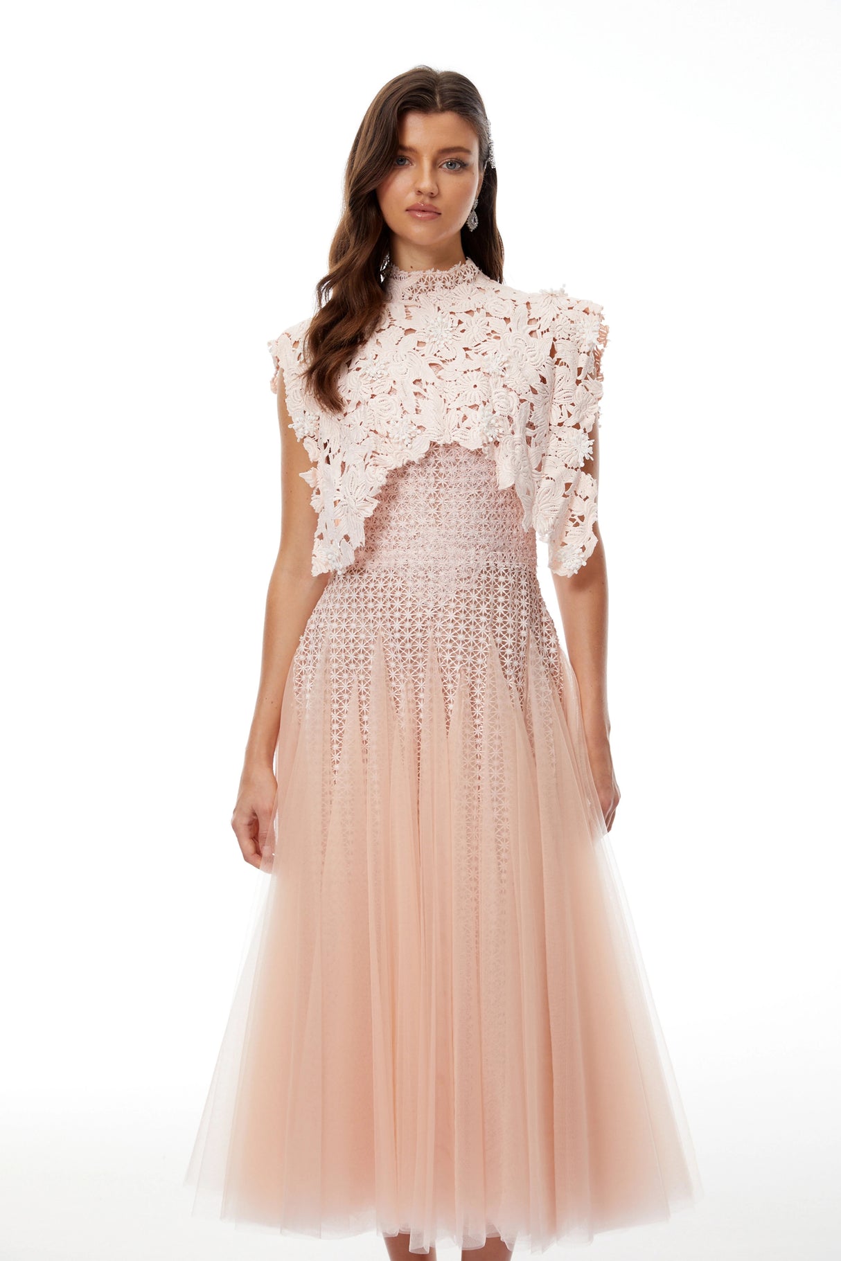 Margaret Light Pink Floral Crochet Midi Dress