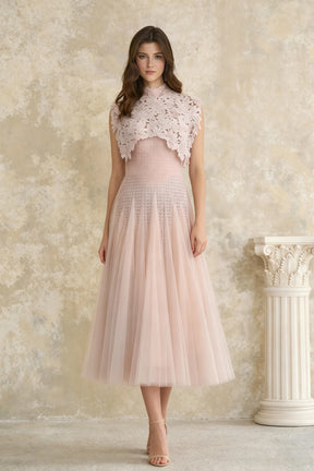 Margaret Light Pink Floral Crochet Midi Dress