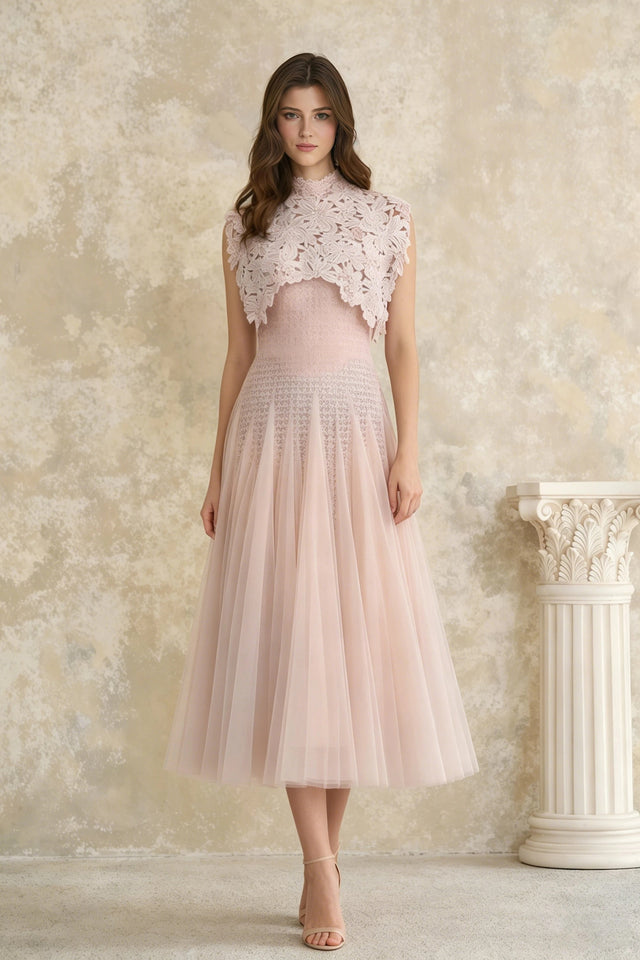 Margaret Light Pink Floral Crochet Midi Dress