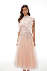 Margaret Light Pink Floral Crochet Midi Dress