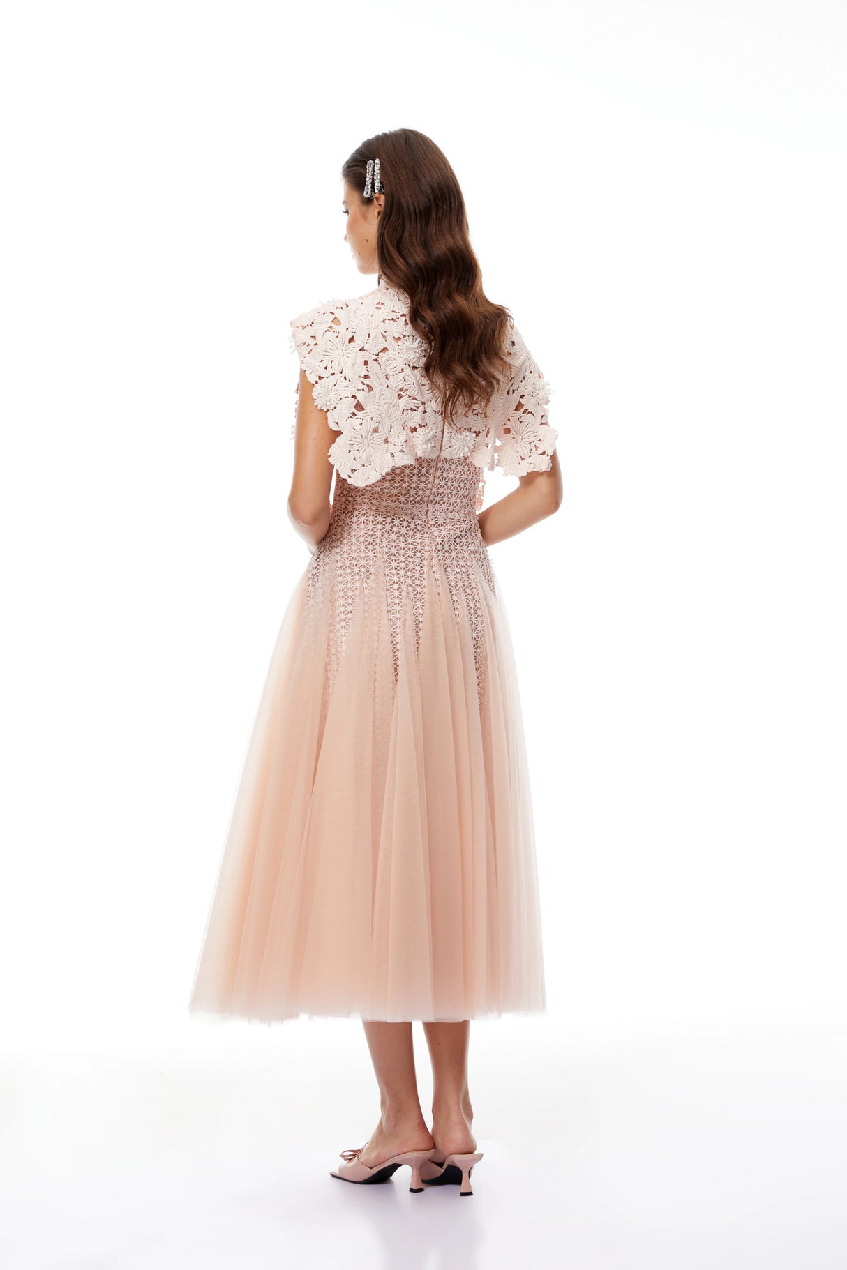 Margaret Light Pink Floral Crochet Midi Dress