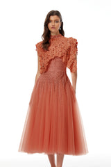 Margaret Orange Floral Crochet Midi Dress
