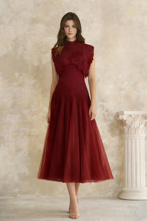 Margaret Red Floral Crochet Midi Dress