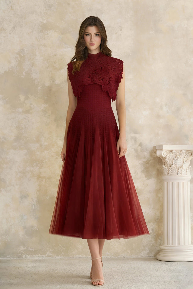 Margaret Red Floral Crochet Midi Dress