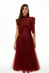 Margaret Red Floral Crochet Midi Dress