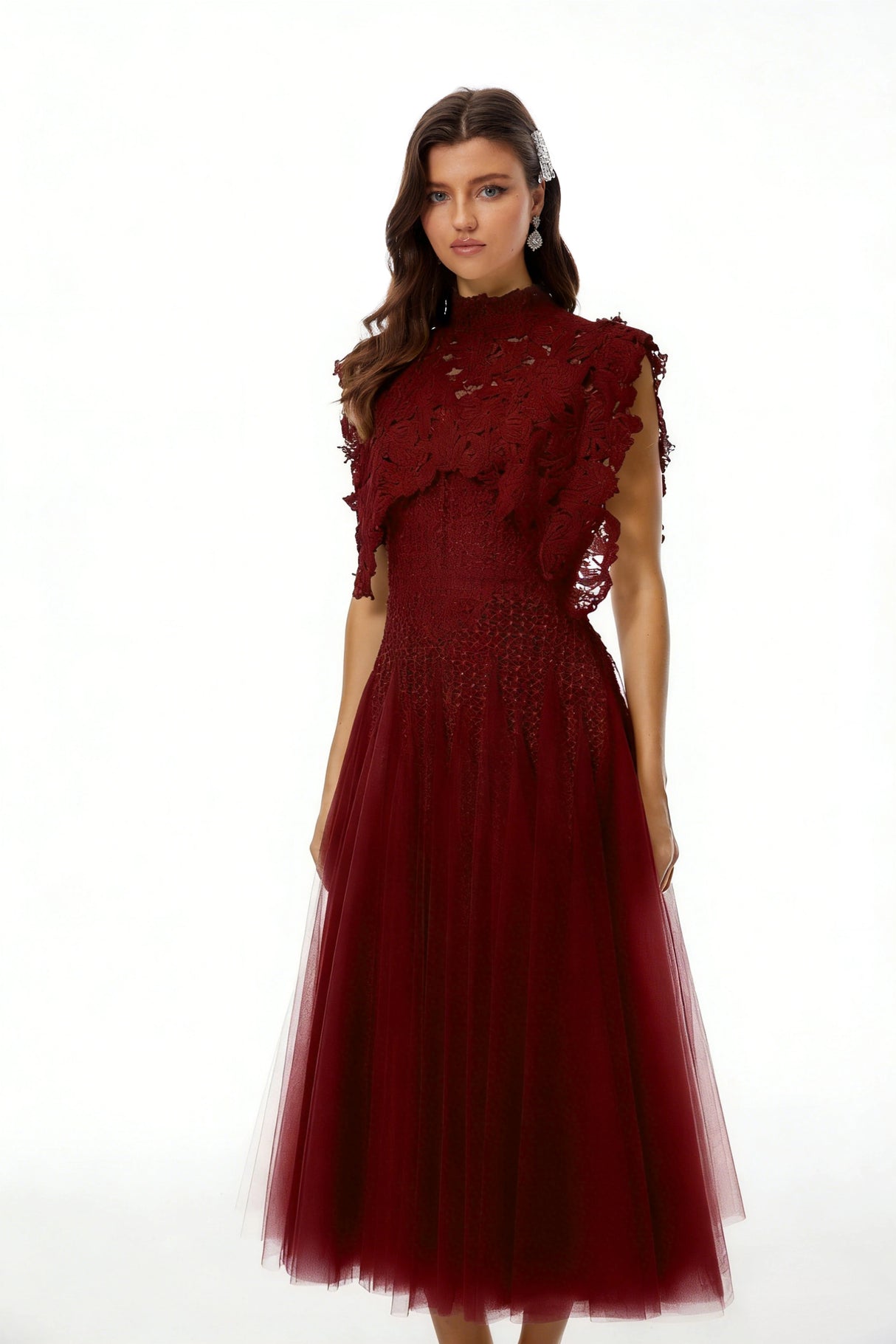 Margaret Red Floral Crochet Midi Dress