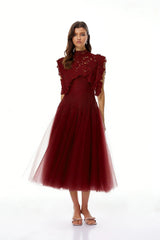 Margaret Red Floral Crochet Midi Dress
