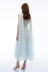 Margareta Ice Blue High Neck Ruched Midi Dress