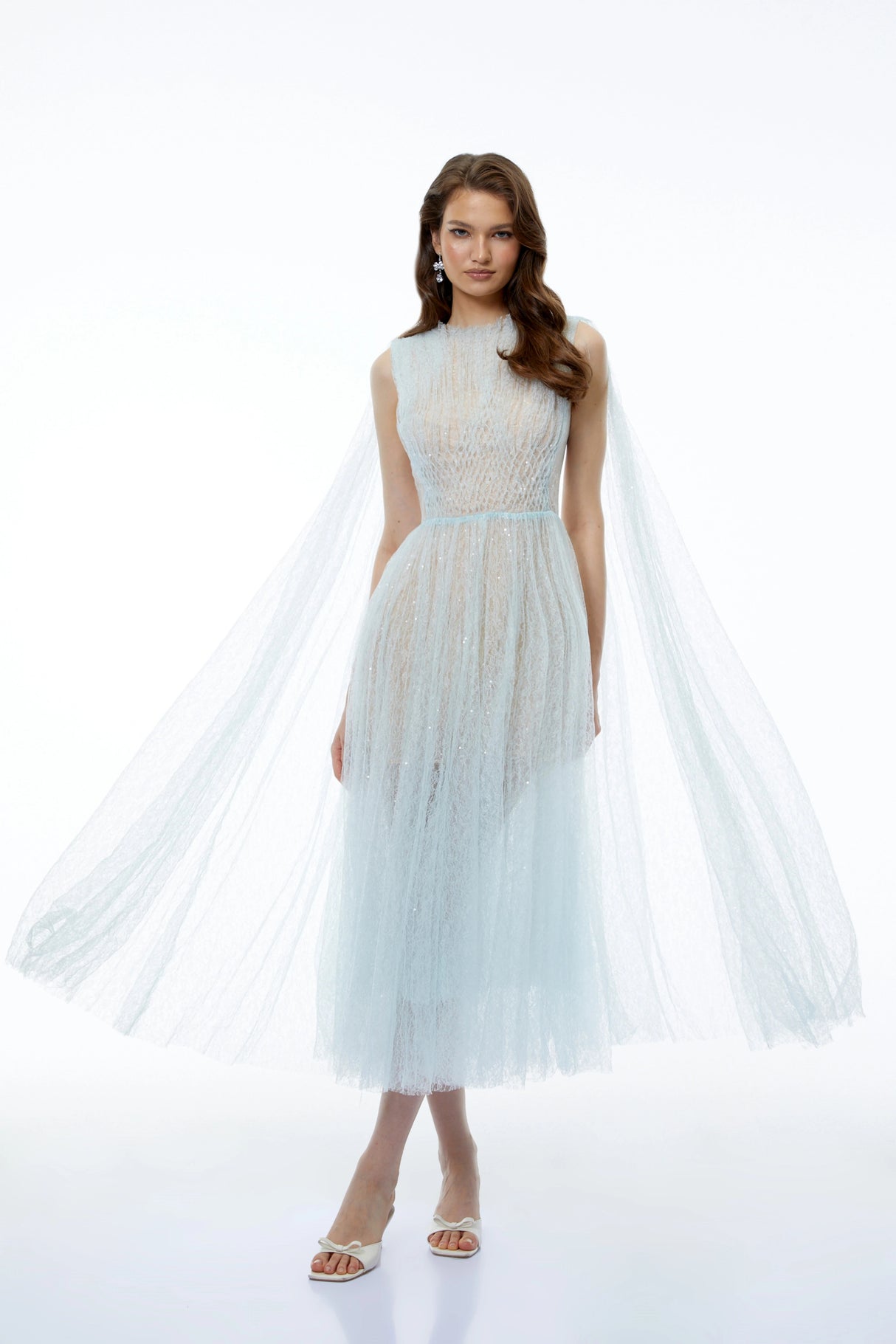 Margareta Ice Blue High Neck Ruched Midi Dress