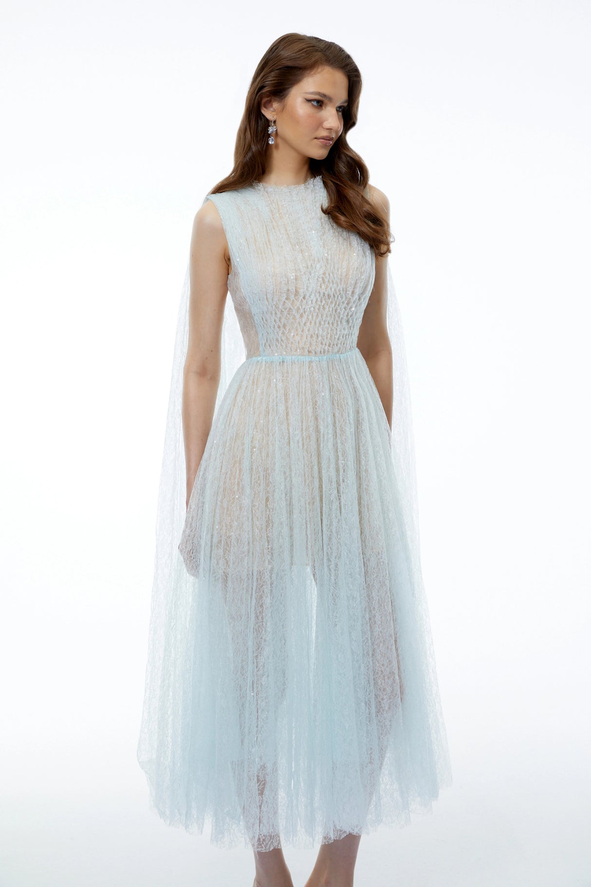 Margareta Ice Blue High Neck Ruched Midi Dress
