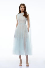 Margareta Ice Blue High Neck Ruched Midi Dress