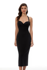 Margarete Black Halterneck LaceUp Midi Dress
