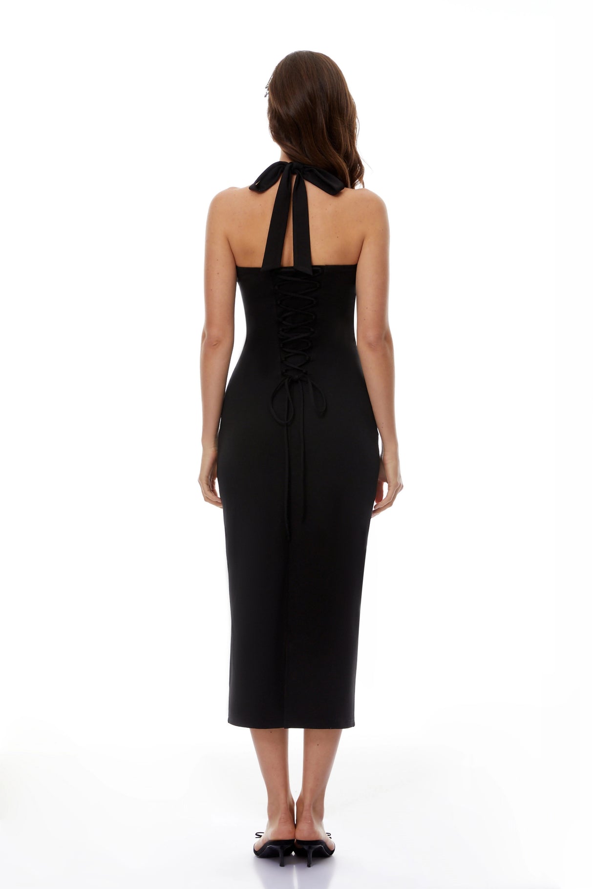 Margarete Black Halterneck LaceUp Midi Dress