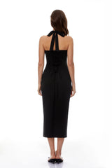 Margarete Black Halterneck LaceUp Midi Dress
