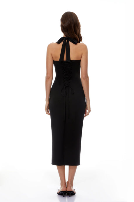 Barbara Midi Dress Black Halterneck Lace-Up