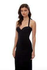 Margarete Black Halterneck LaceUp Midi Dress