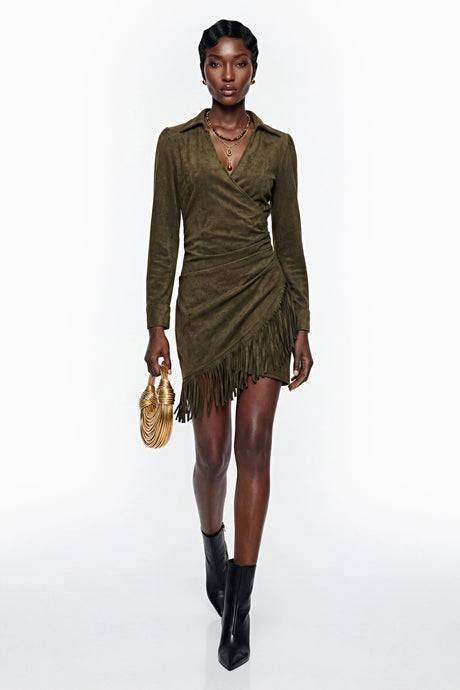 Edvige Mini Dress Green Faux Suede with Fringe