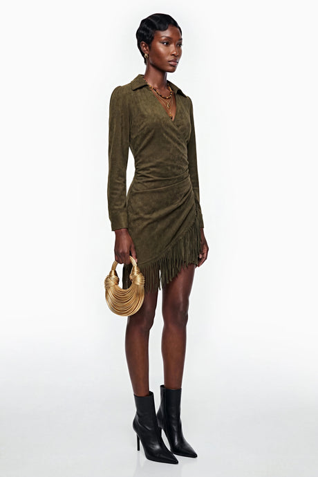 Edvige Mini Dress Green Faux Suede with Fringe