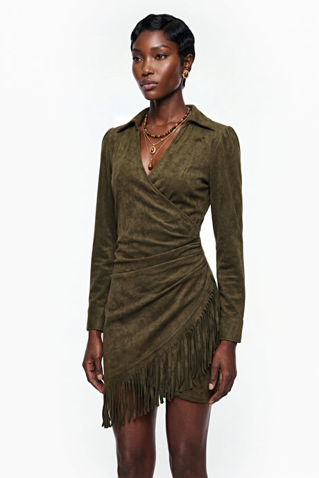 Edvige Mini Dress Green Faux Suede with Fringe